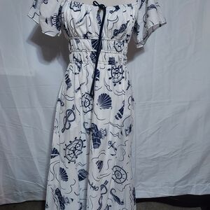 Moon River Nautical Print Maxi Dress in White and Blue